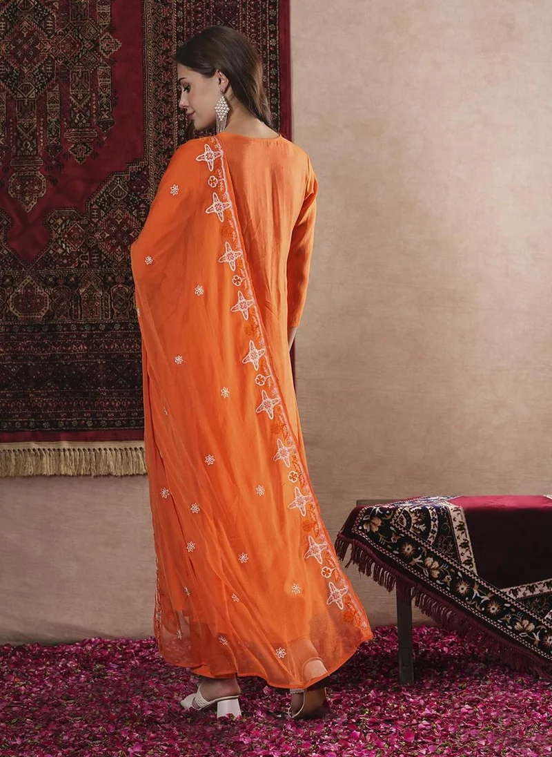 GoSriKi GoSriKi Women's Rayon Blend Anarkali Thread Work Kurta with Pant & Dupatta (ASHVTHAMA ORANGE-VKS07-GS_XL_Orange_X-Large)